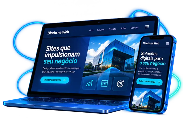 Site da Direto na Web exibido em um notebook e em um celular